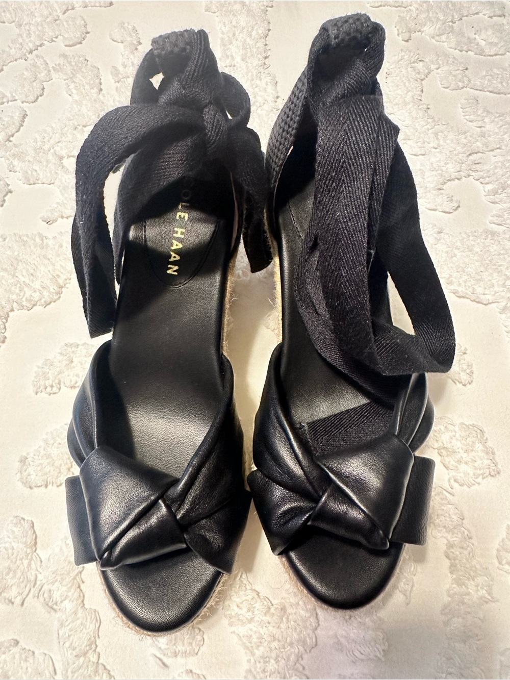 Cole Haan Black Leather Knot-Front Espadrille Sandal Wedges
